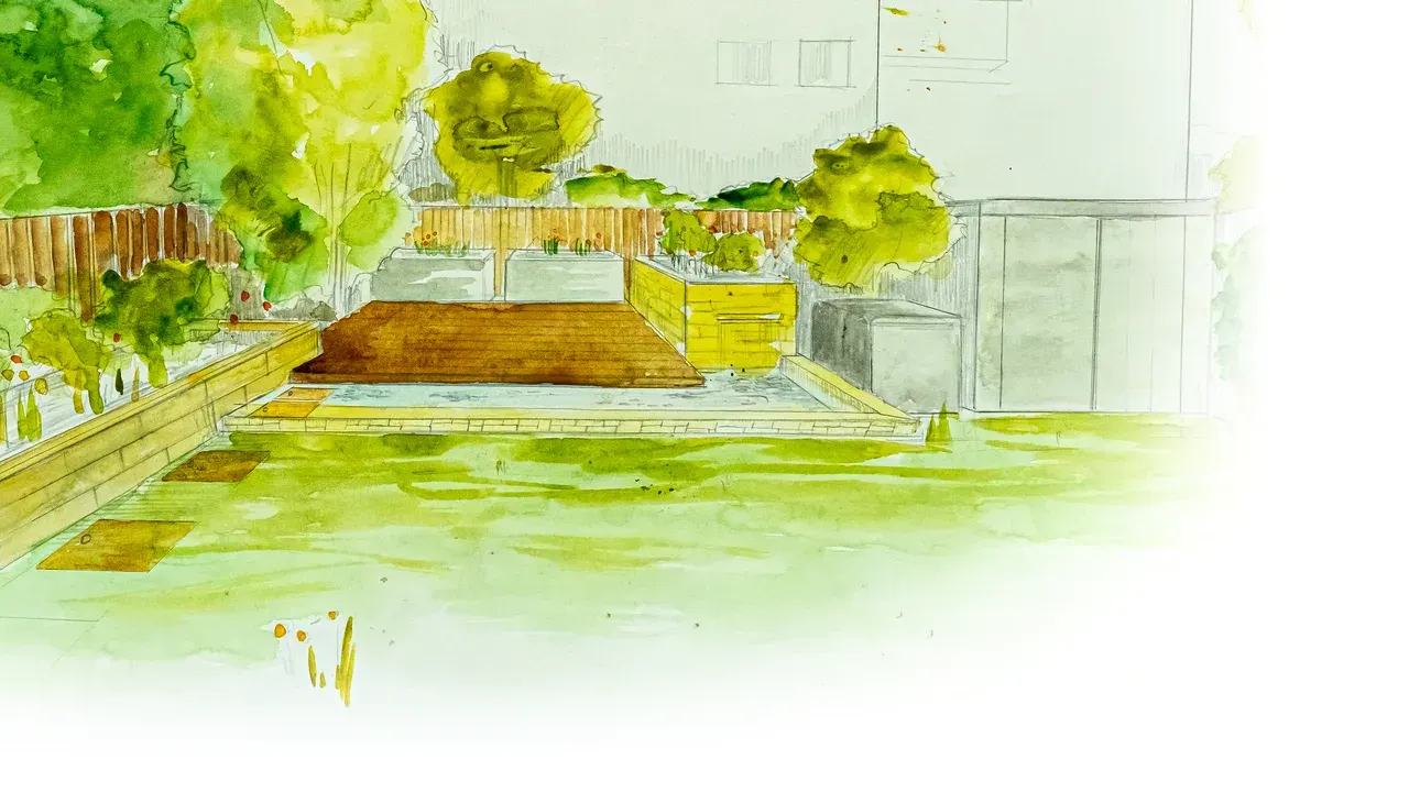 Aquarell-Entwurf eines Gartens mit Holzdeck, Wasserbecken, Hochbeet, Sichtschutz und Geräteschuppen